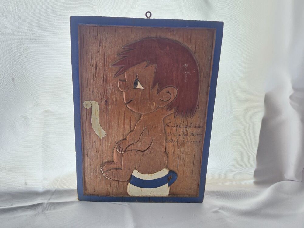 Vintage Carved Wood Bathroom Wall Plaque Boy Chamber Pot Paper Work Is Done 70s